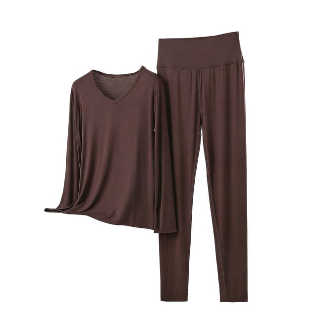 Conjunto de Ropa Interior Larga de Mujer con Cuello en V Lencería de Manga Larga Conjunto de Ropa de Dormir, Pijamas Cómodos Y Suaves para Relajación Casual en el Hogar