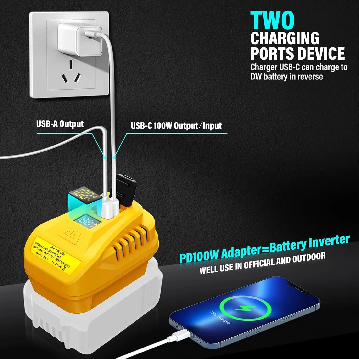 100W USB Charger Adapter for DeWalt 20V QC3.0 Type-C USB Port with LED Display