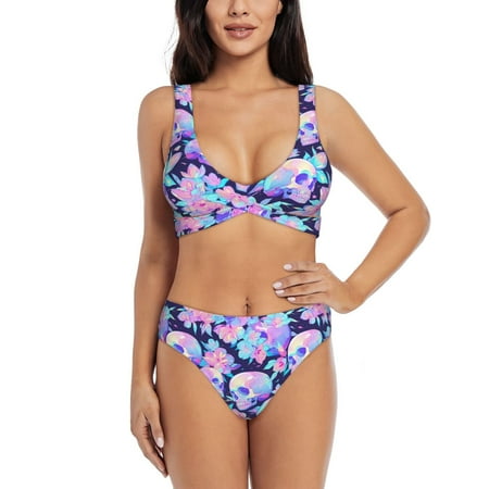 Bathing Suit For Women  Pinkk Flower Crystal Skull High Waisted Bikini Set Bathing Suit Cross Lace Up Swimsuit