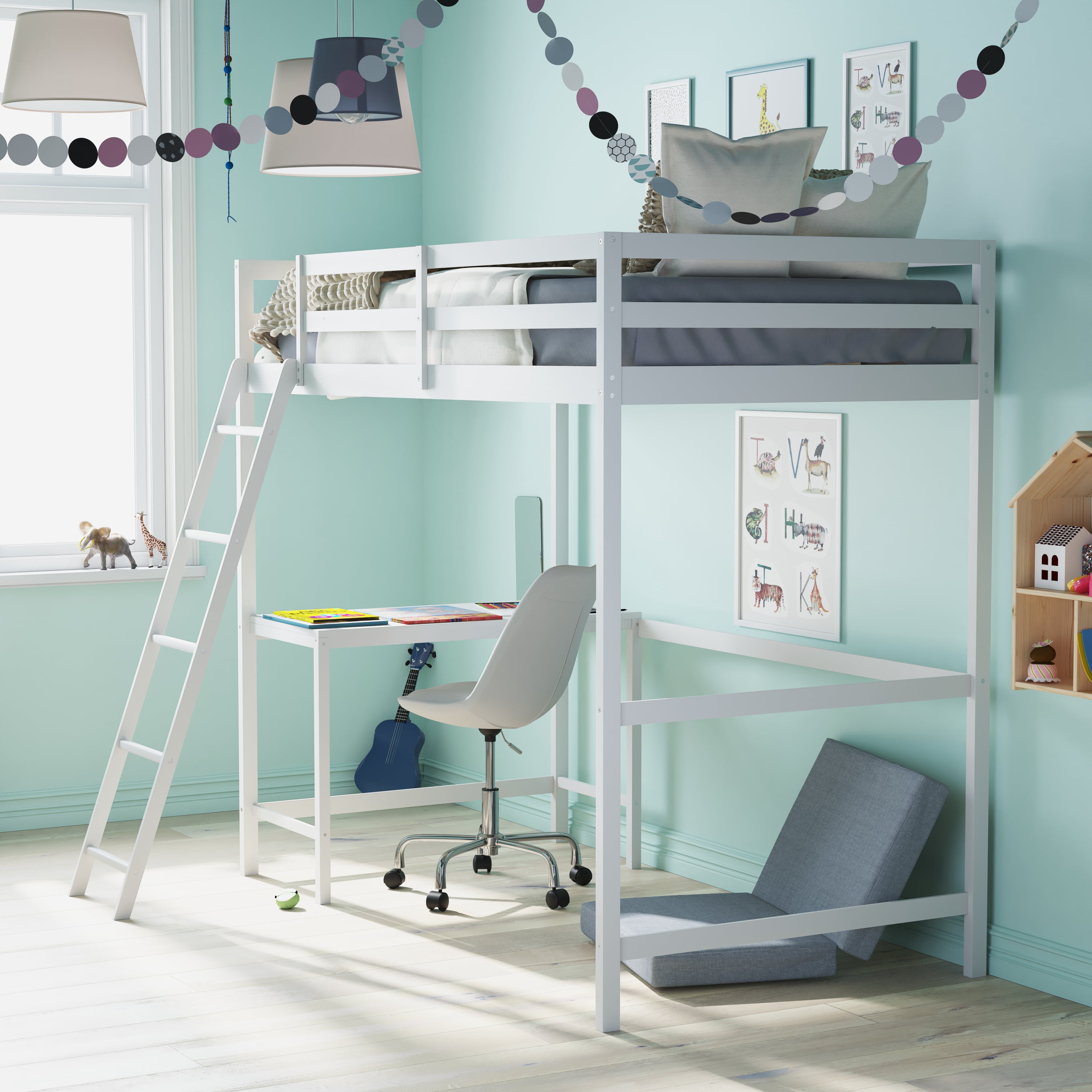 Flash Furniture Riley Loft Bed Frame with Desk, Twin Size Wooden Bed Frame with Protective Guard Rails & Ladder for Kids and Teens - White
