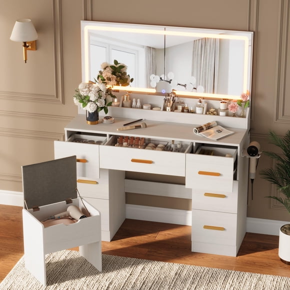 EDTara Vanity Table With Lighted Mirror, 3 Lighting Modes, Power Outlet, and 8 Drawers for Bedroom or Powder Room