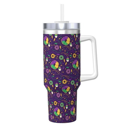 

Fuzoiu Mardi Gras and Donuts Print 40OZ Ice Bully Stainless Steel Insulated Cup with Handle and Straw - Perfect for Travel and Sports