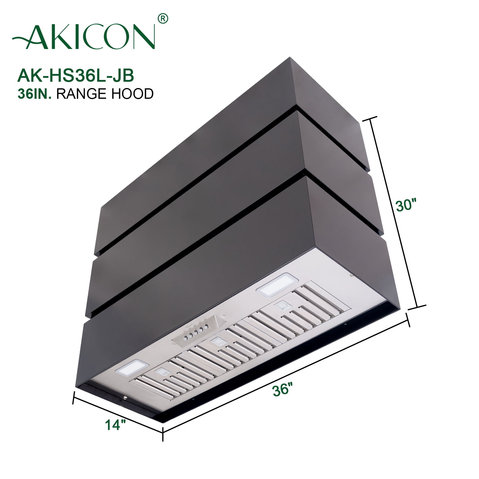 Akicon 36" Stainless Steel Range Hood, Modern Box Ducted Kitchen Hood with Powerful Vent Motor, Wall Mount, 36"W * 30"H*14"D, Jet Black