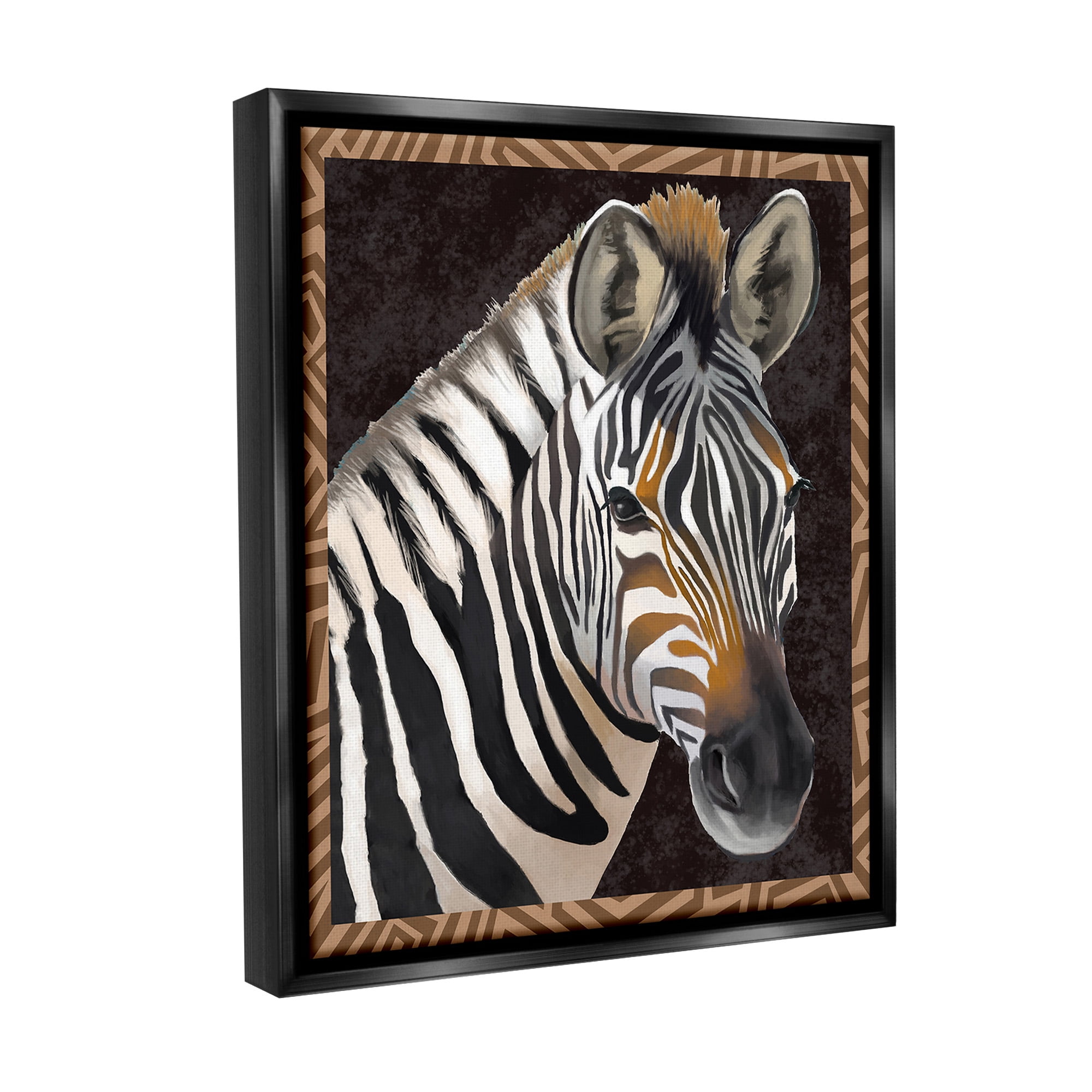 Stupell Industries Zebra with Geometric Border Animals & Insects Painting Black Floater Framed Canvas Art Print Wall Art, 17 x 21