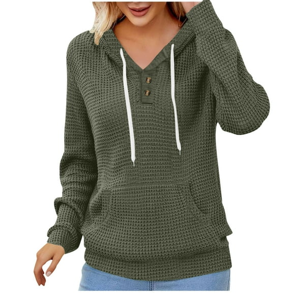 VINUSLI Waffle Knit Hoodies for Women Button Vintage Pullover Drawstring Hoodie Solid Fall Long Sleeve Sweatshirt with Pocket Army Green,L