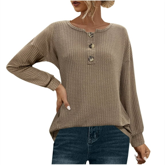 Annhoo Knit Tops for Women Fall Casual Long Sleeved Button Front Pullover Shirts Ladies Baggy Lounge Blouses