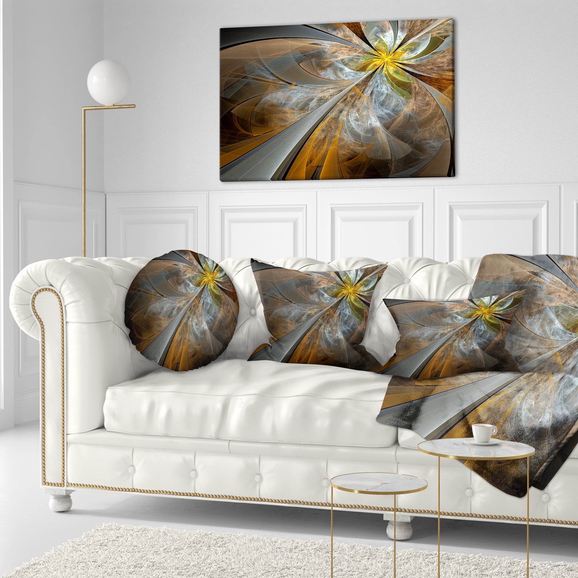 Designart Symmetrical Yellow Fractal Flower - Abstract Throw Pillow - 12x20