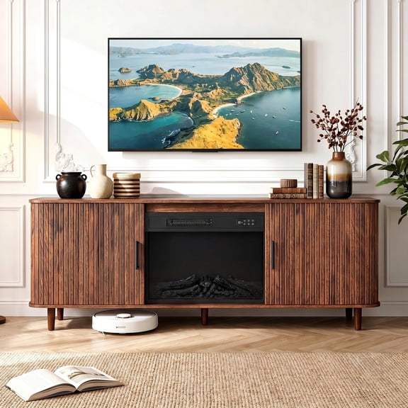 Dovov 70" Fireplace TV Stand for TVs Up to 80", Modern Fluted Entertainment Center Media Console Cabinet with 23" Electric Fireplace and Sliding Door, for Living Room, Walnut