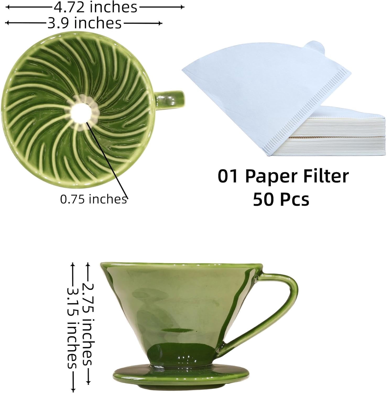 Ceramic Coffee Dripper includes 50 Filters 01 Pour Over Coffee Maker Porcelain V 60 Hand Brewed Set Pottery Artisanal Drip Brew Barista Gift for 1-2 People Travel Camping Office Home
