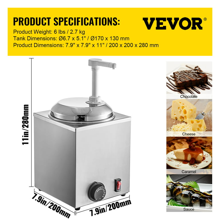 VEVOR Hot Fudge Warmer with Pump, 2.6 Qt Hot Fudge Dispenser, 650 W Cheese  Warmer Dispenser, Stainless Steel Hot Cheese Dispenser, Single Head Cheese