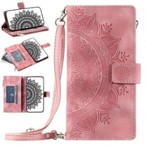 Feishell Zipper Wallet Case for iPhone SE 2022/iPhone SE 2020/iPhone 8/iPhone 7,for Women Men,Embossed Pattern PU Leather Card Slots Magnetic Flip Stand Crossbody Phone Case with Shoulder Strap,Pink