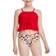 Fesfesfes Girls Summer Swimsuits Casual Cute Floral Print Double Ruffle Sling Swimwear Beach Swimsuits Split Two-Piece Bikini Sets