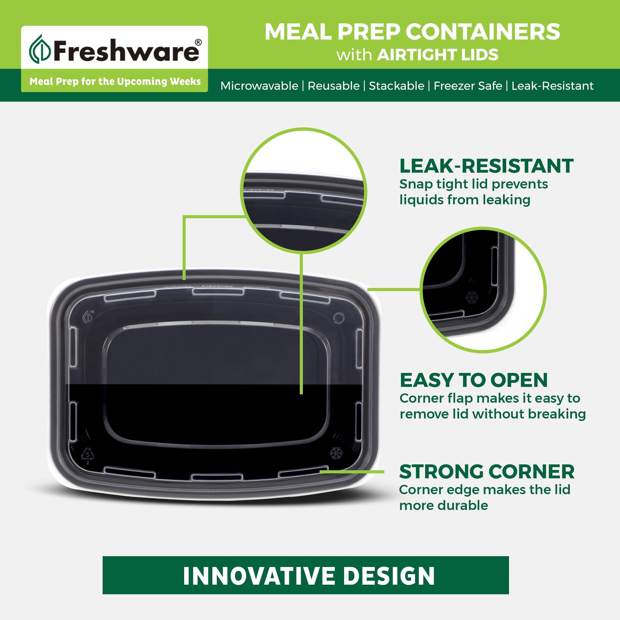 Freshware Meal Prep Containers [50 Pack] 1 Compartment with Lids, Food Storage Containers, Bento Box, BPA Free, Stackable, Microwave/Dishwasher/Freezer Safe (24 oz) C30