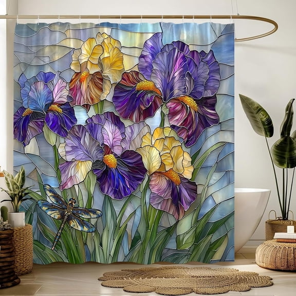 Stained Glass Iris Shower Curtain Purple Yellow Abstract Flower Dragonfly Modern Floral Nature Plant Bathroom Decor Fabric Curtain with Hooks-72"W x 78"L (Pack of 1)