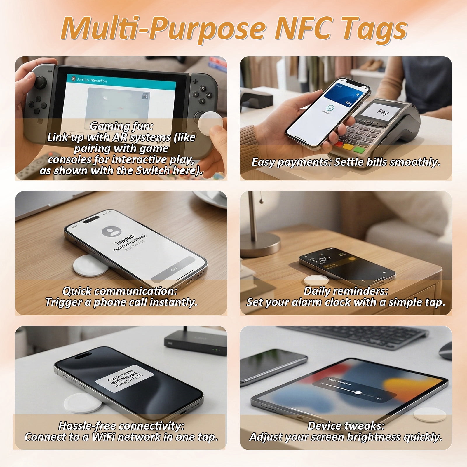 100 Pcs NFC Tags, Stickers Cards with Adhesive Back, Round Rewritable Cards, 504 Bytes Memory Compatible with NFC Enabled Phones (25mm)