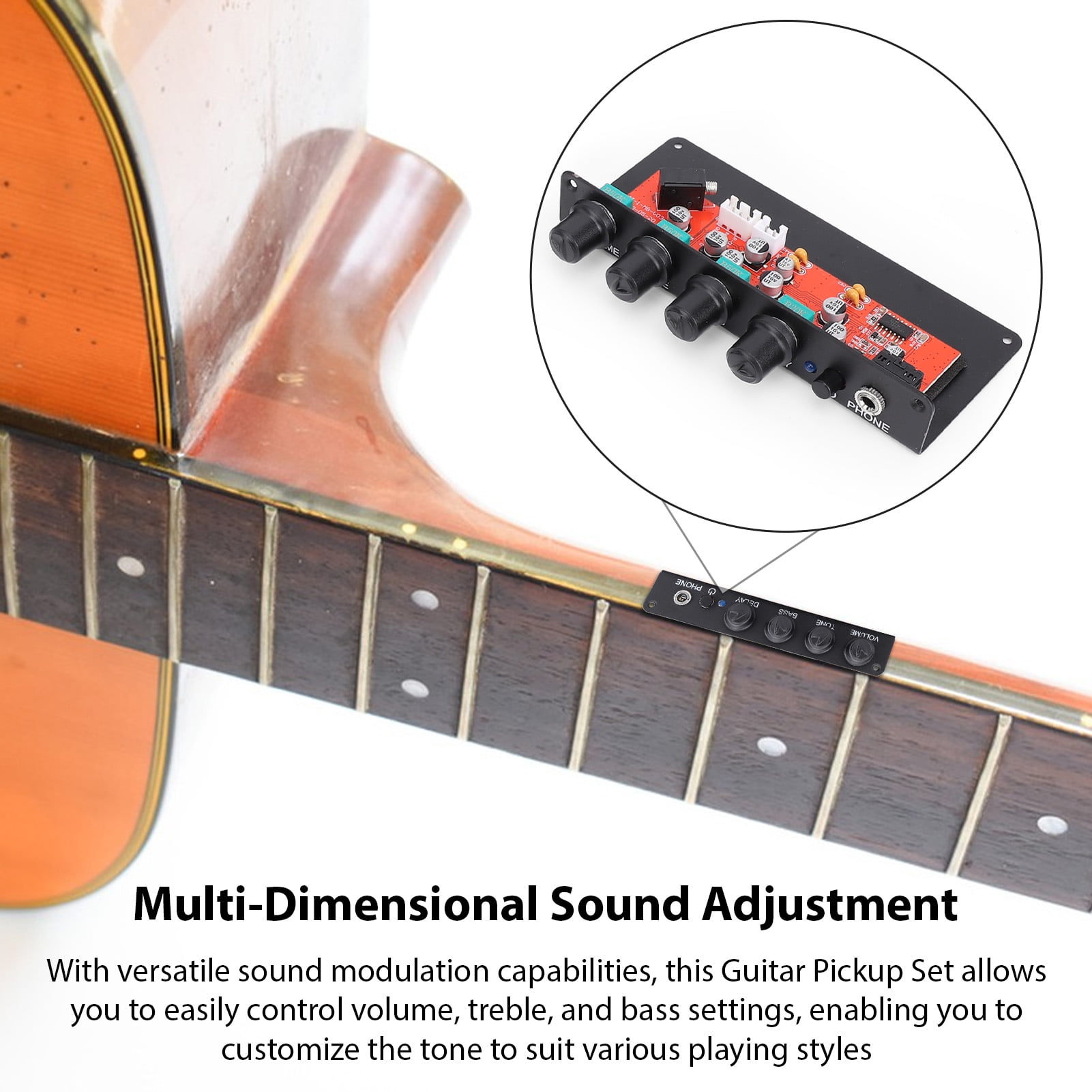 YAHHU VOICE GUARD QA-2 Silent Guitar Piezo Pickup with Headphone Monitoring Mode, Multi-Dimensional EQ Control & Built-In Delay Effect for Acoustic & Classical Guitars, Black