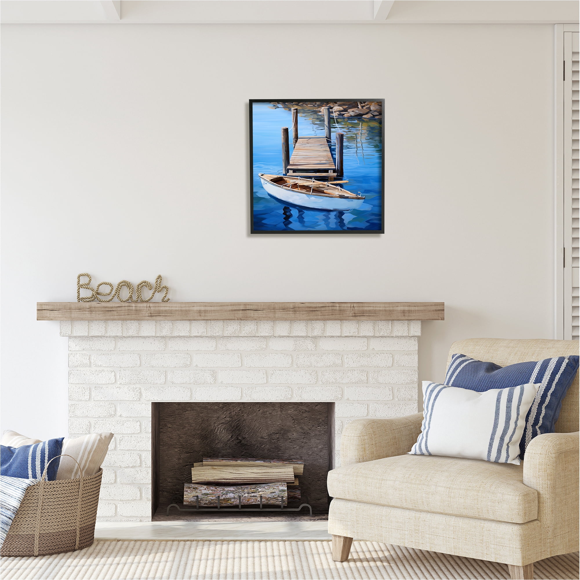Stupell Industries Boat & Dock Painting Landscape Painting Black Framed Art Print Wall Art, 24 x 24