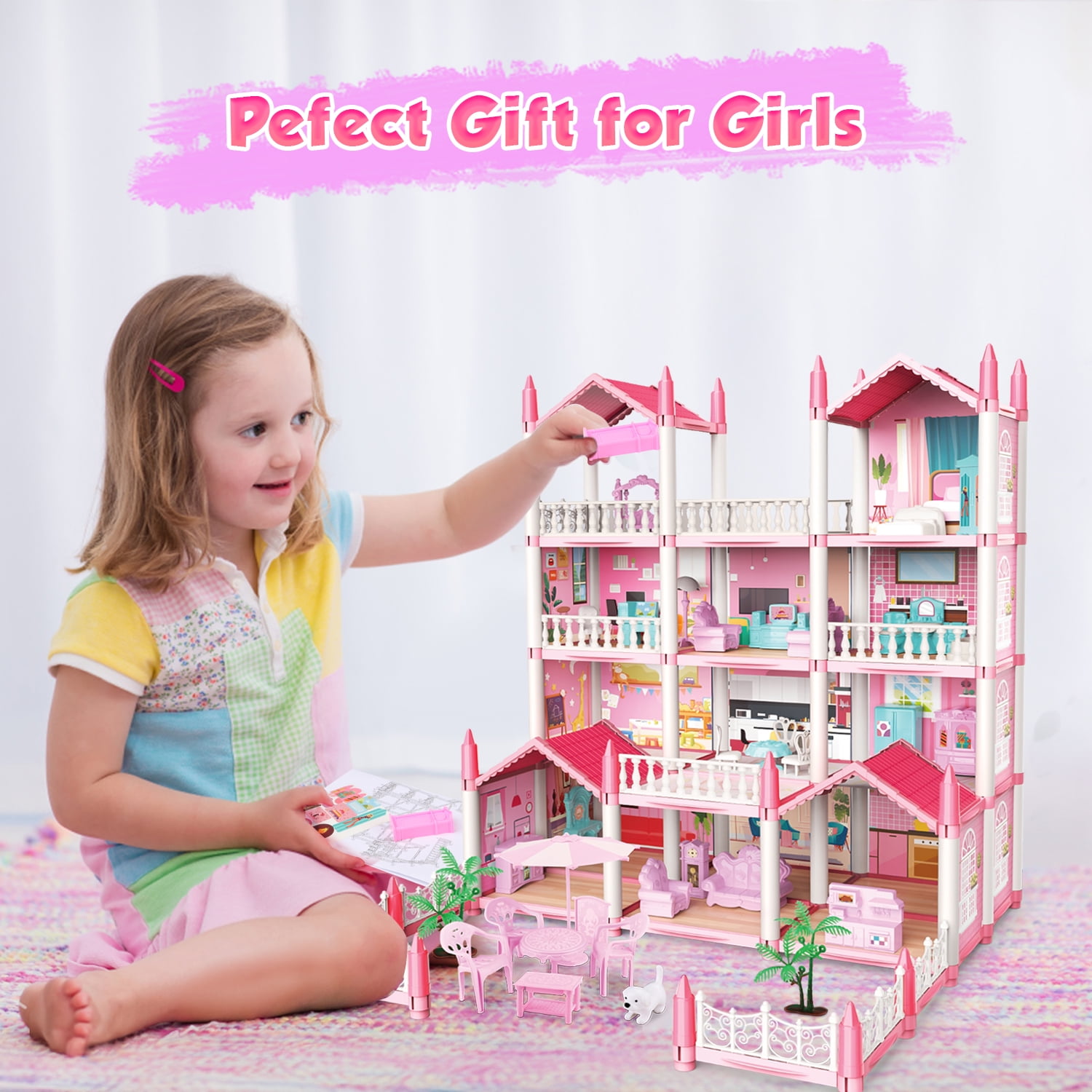 Freecat Doll House Kit Girls Toy, 11 Rooms DIY Pretend Play Dollhouse Playset Toys with Accessories and Furniture, Princess House, Birthday Gifts for 6-12 Year Old Girls (Pink)