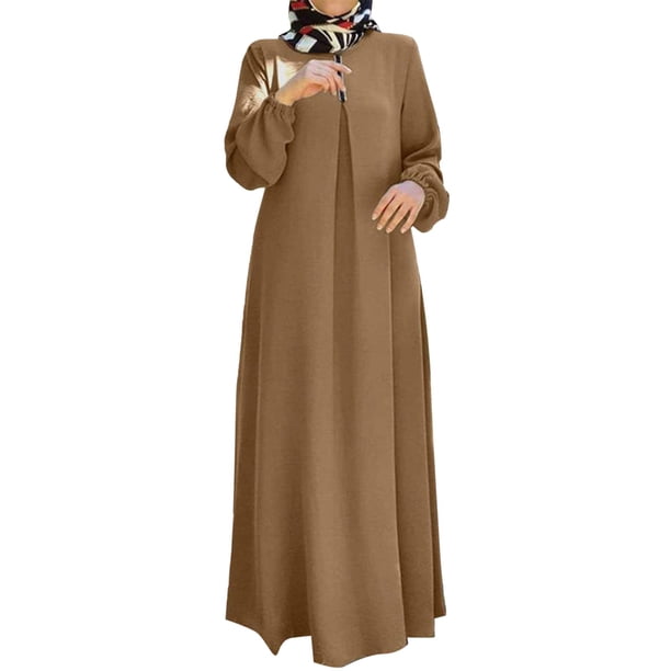 Vestidos Prolriy para mujer 2024, vestido musulmán con estampado de lunares, mangas largas, ropa de oración, vestidos de mujer, marrón XL