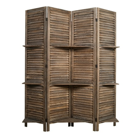 Proman Products Rancho Shelf 4 Panel Room Divider , Folding Screen, Privacy Screen, Paulownia Wood, Rustic Brown