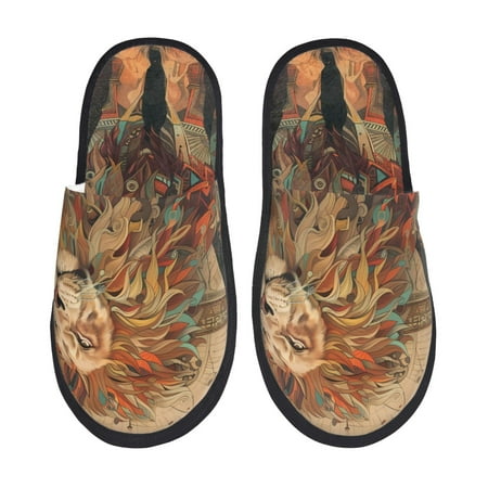 

Qekee Majestic Cosmic Lion Print Furry Slippers for Women and Men House Slipper Funny Bedroom Slippers Indoor -Large