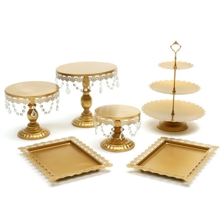 Glass Set Pedestal - Mrosaa Set of 6 Metal Crystal Cake Holder Cupcake Stand Cake Dessert Holder with Pendants and Beads,Wedding Birthday Dessert Cupcake Pedestal Display
