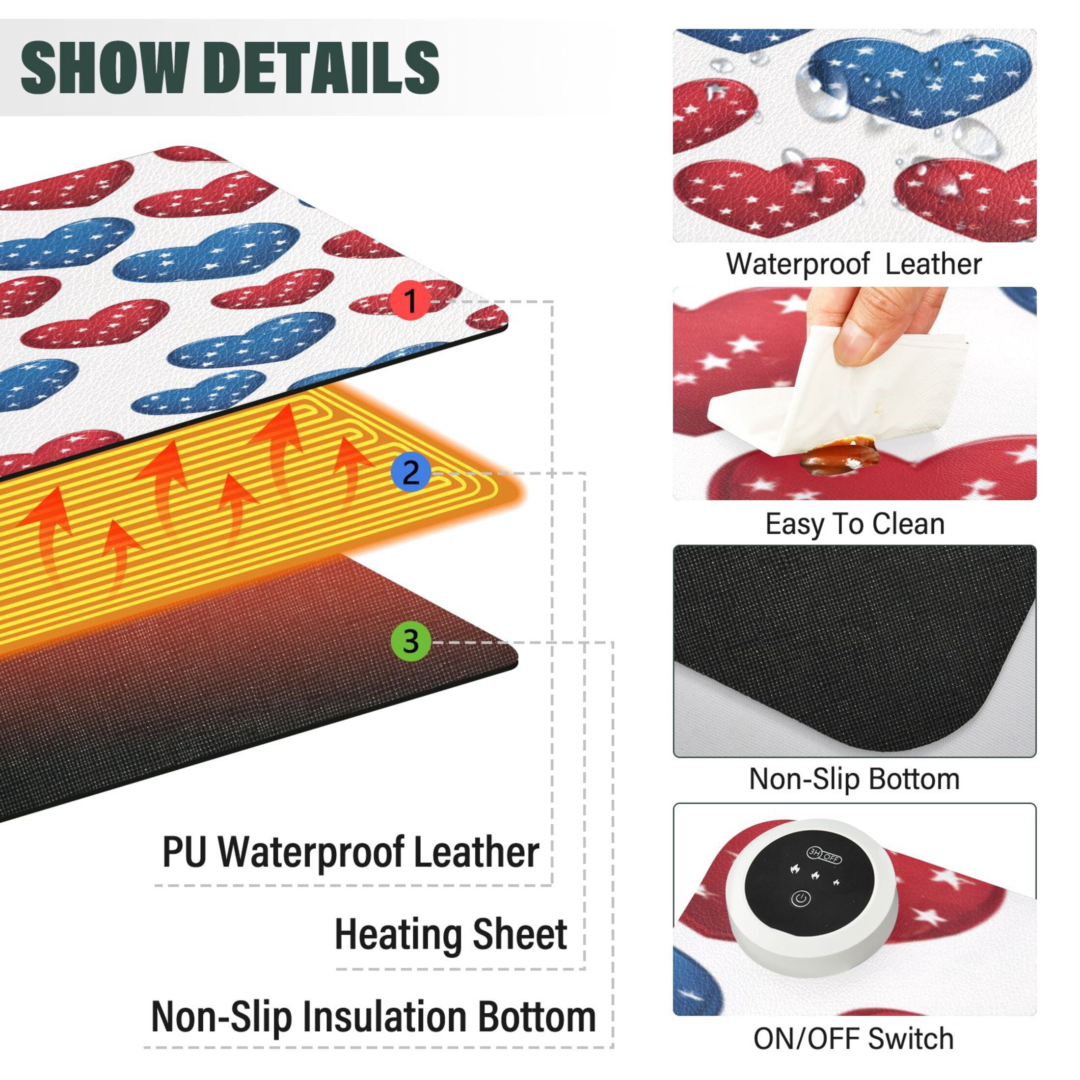 Large Heated Desk Mat Mouse Pad 31.5"x13"PU Leather Graphene Heating Desk Warmer with 3 Temperature Settings 110V US Plug Non-Slip Warm Pad for Home, Office, and Gaming Patriotic Star Hearts Print
