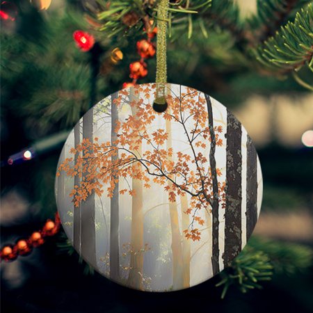 Orange Botanical Tree Ceramic Ornaments Farmhouse Forest Round Porcelain Hanging Ornaments with Gold String Xmas Decorations Keepsake Gifts for Holiday Home Party 3