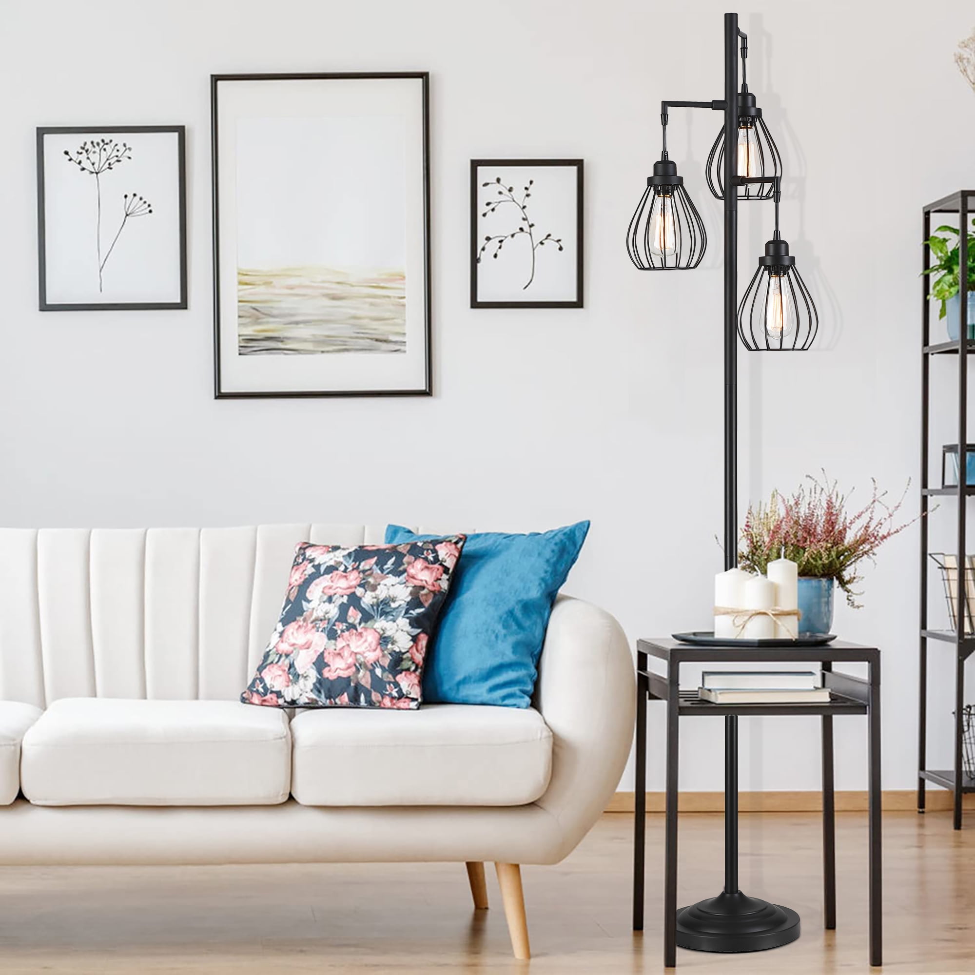 69" Industrial Floor Lamps for Living Room, Metal Dimmable Standing Tree Floor Lamp with and Hanging Steel Cage Shade