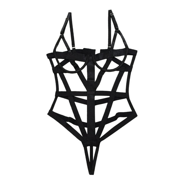 Gibobby Lencería de encaje Día de San Valentín 1 pieza de lencería Sexy de para mujer, ropa interior con correas huecas, ropa de dormir, liga de pijama con anillo de(Negro, 4XL)
