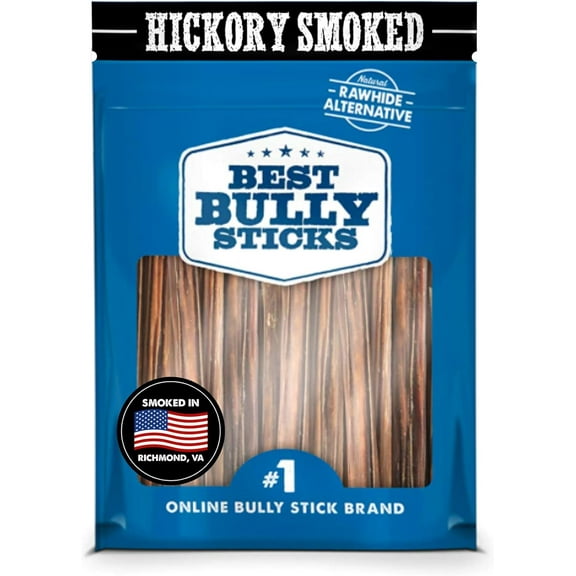 Best Bully Sticks Hickory Smoked Thin 6 Inch Bully Sticks - 24 Count - 100% Natural Grass-Fed, Grain and Odor-Free, Smoky Aroma, No Additives