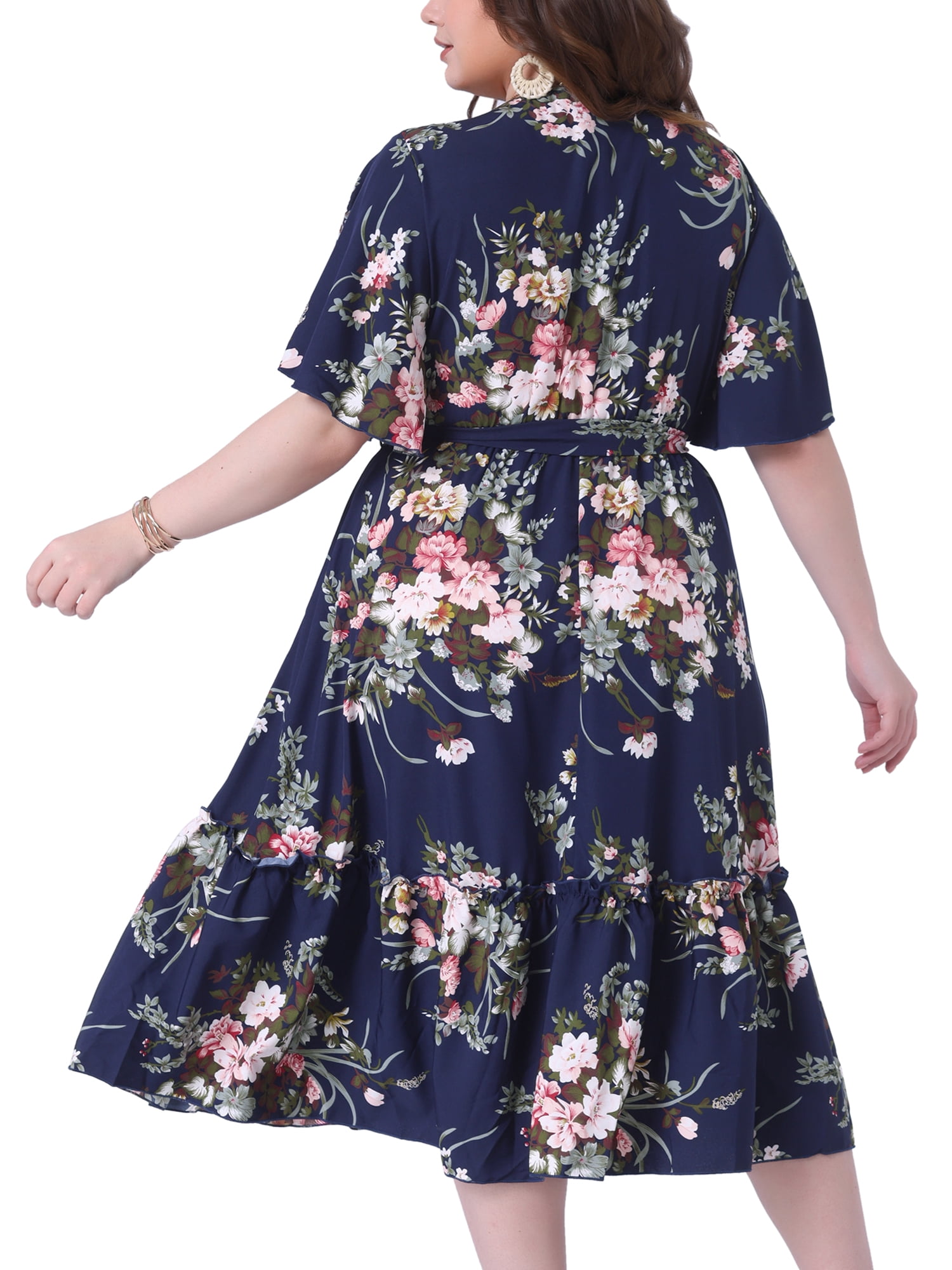 DARING DIVA Plus Size V Neck Wrap Maxi Ruffle Sleeves Belt Dress 3X Navy Blue