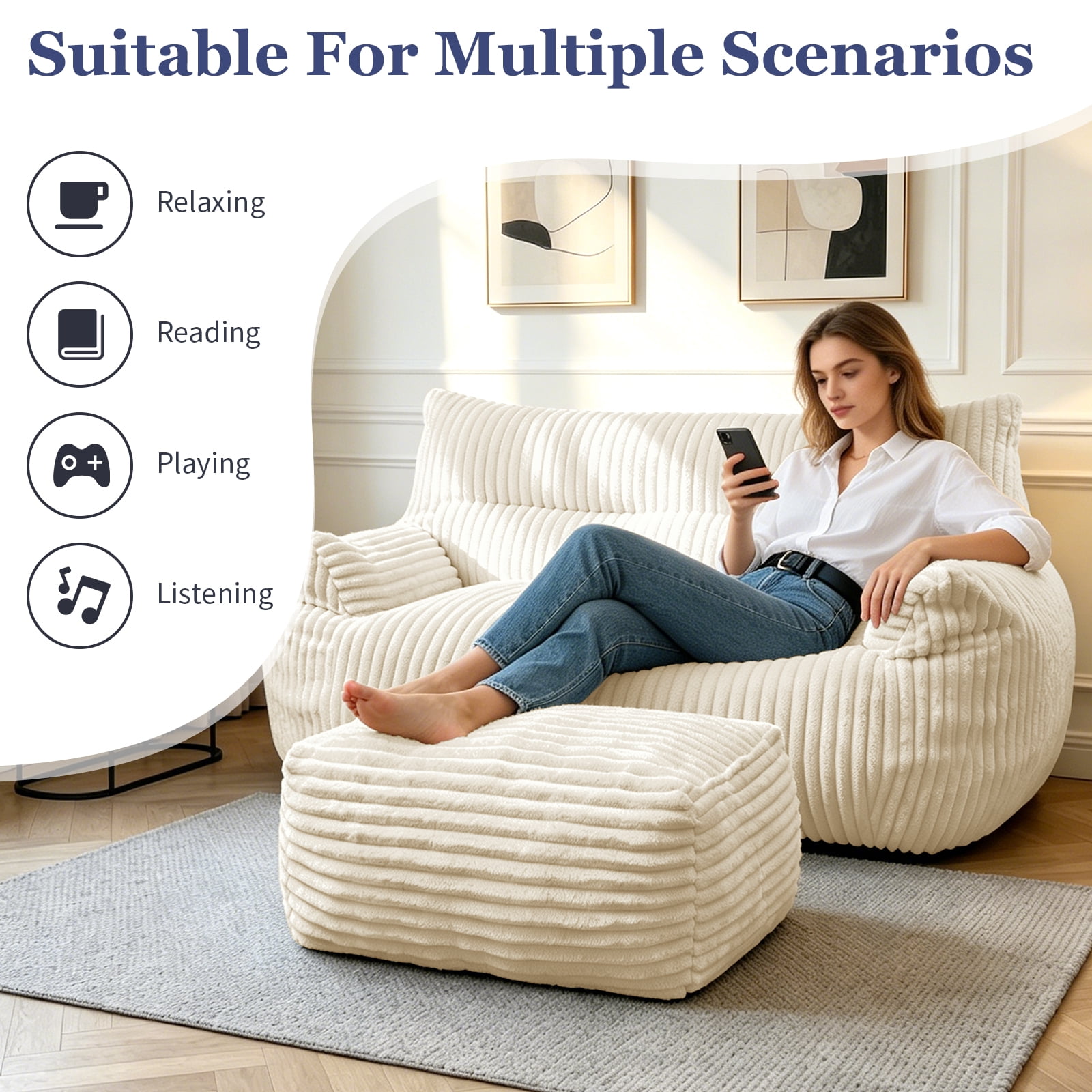 MOONMISS Corduroy Double Bean Bag Sofa with Ottoman 2-Seater Cloud Soft for Living Room Bedroom,Beige