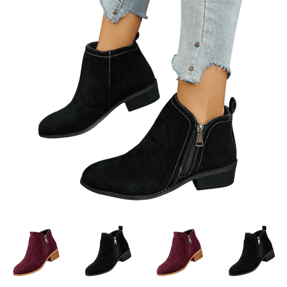 EKVAHL Women's Faux Suede Ankle Booties Side Zipper Chelsea Boots Low Block Heel Relaxed Fit Non‑Slip Fall Winter Short Boots Black