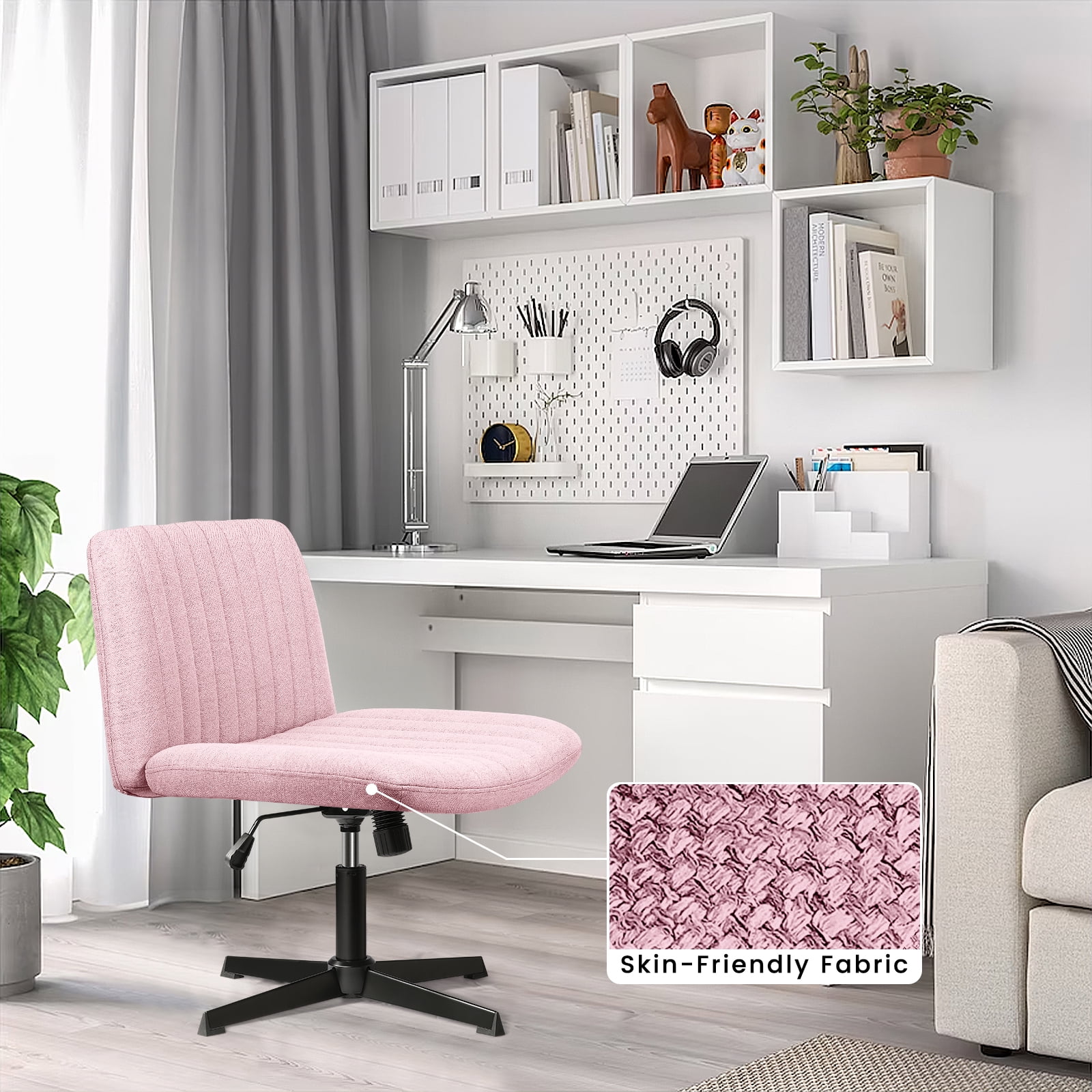 Waleaf Armless Office Desk Chair No Wheels,Fabric Padded Modern Swivel Vanity Chair,Height Adjustable Wide Seat Computer Chair
