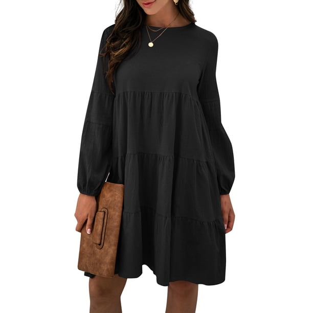 Vestido, Vestido acampanado de manga larga para mujer Abody Negro/Grande
