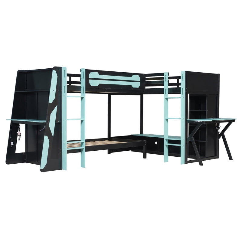 L-Shaped Twin Size Gaming Bunk Bed with RGB LED Lights, 3 Twin Beds, USB Ports, TV Stand & Storage Shelves, Reversible Wooden Bunk Bed Frame for Teens & Adults