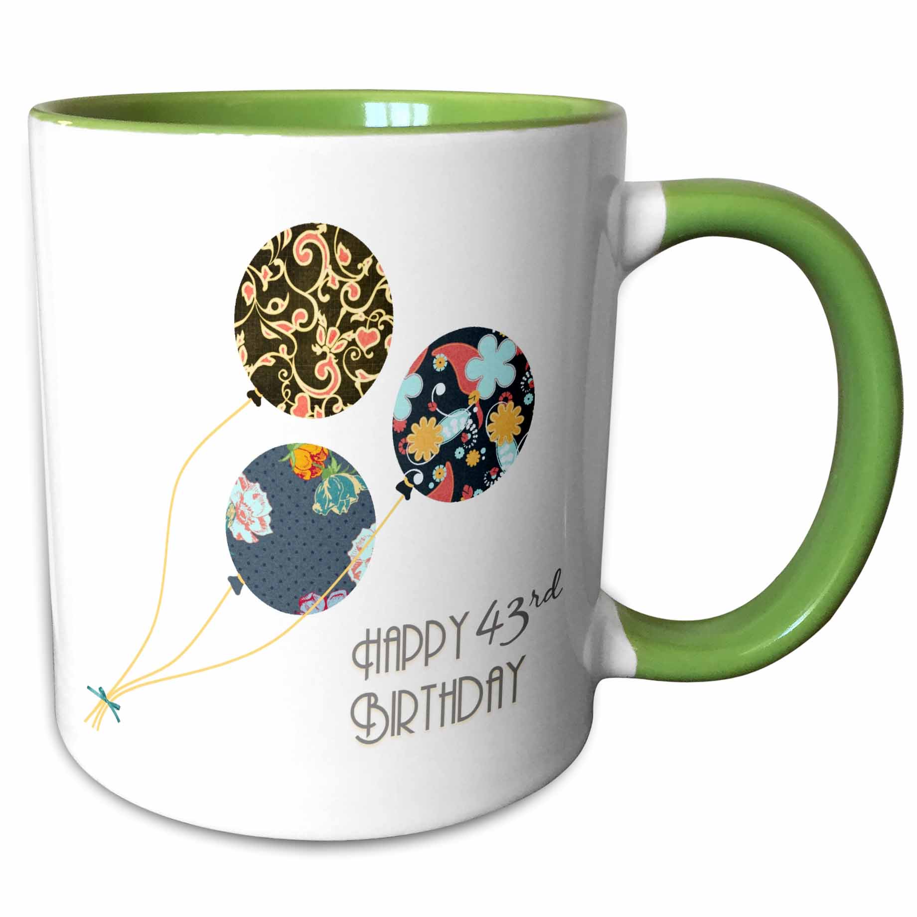 3drose, Happy 43rd Birthday - Modern Stylish Floral Balloons. Elegant Black Brown Blue 43 Year Old Bday, 15oz Two-tone Green Mug