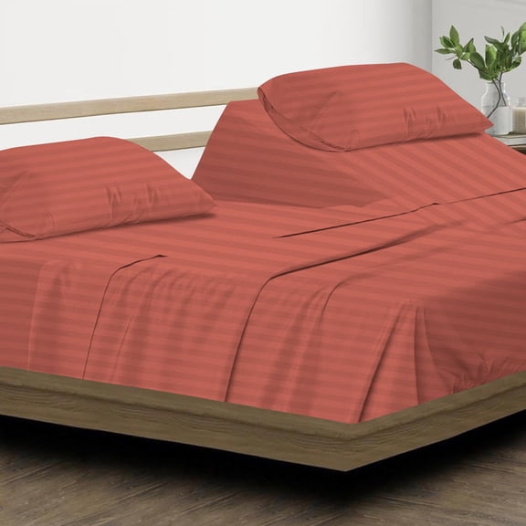 DNG Creations 4 Piece Split Top Queen Adjustable Flex Top Sheet Set 800 TC, 100% Egyptian Cotton 15 Inch Deep Pocket - 32" Split from The Top ( Stripe Brick Red )