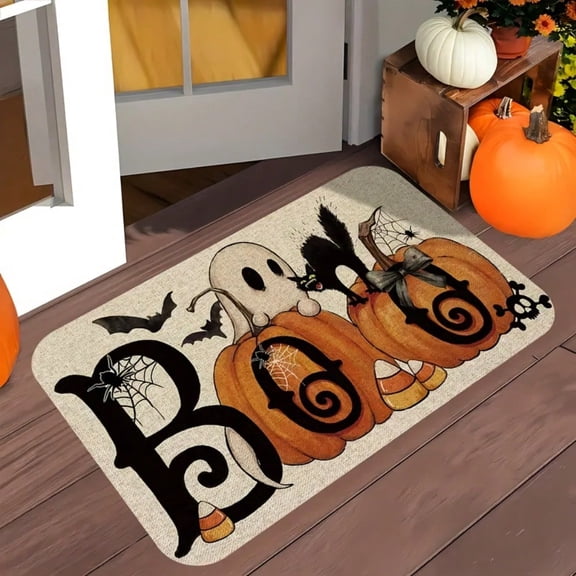 Halloween Boo Pumpkin Ghost Doormat 40×60cm, Non Slip Front Door Mat, Spooky Bat Black Cat Indoor Outdoor Welcome Floor Rug