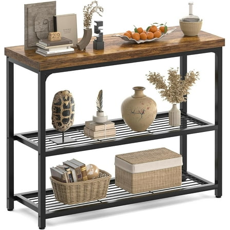 32" Small Console Table, 3-Tier Entryway Table, Sofa Table with Mesh Shelves, Console Tables for Living Room, Bedroom, Hallway, Entryway, Foyer, Rustic Brown