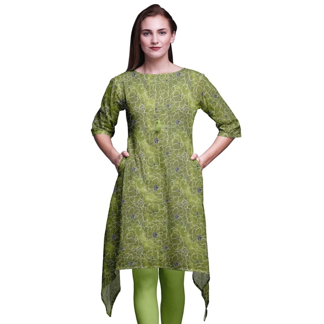 Bimba Kurti Asymétrique Vert à Imprimé Floral Camélia Kanjiro pour Femmes Robe d'Été Indienne Tunique Grande