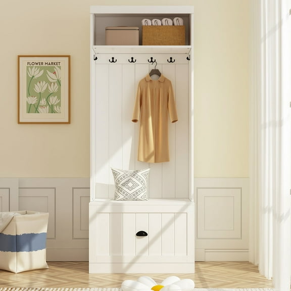 MONSLIPA Hall Tree with Bench and Drawer, Entryway Coat Rack Closet Stand with 6 Double Hooks for Entrance Hallway, White