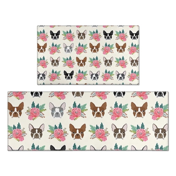 White Boston Terrier and Flower Kitchen Rugs Sets Of 2,Anti Fatigue Kitchen Mat Rugs Non Slip Washable,Decorative Kitchen Floor Mats for Kitchen,Sink,Laundry,17"x30" 17"x47"