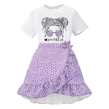 Yuncity Kids Outfit Short Sleeve Crew Neck Cartoon Prints Tops With Dot Skirts 2 Pieces Set Summer Relaxable Daily Wear Toddler Girls Clothes Set Size 7-8 Years Purple