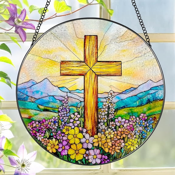 Cross Wildflower Stained Glass Suncatcher, Christian Stained Glass Window Hanging, Religious Cross Sun Catcher, Easter Suncatcher Decor, 6.3x6.3in