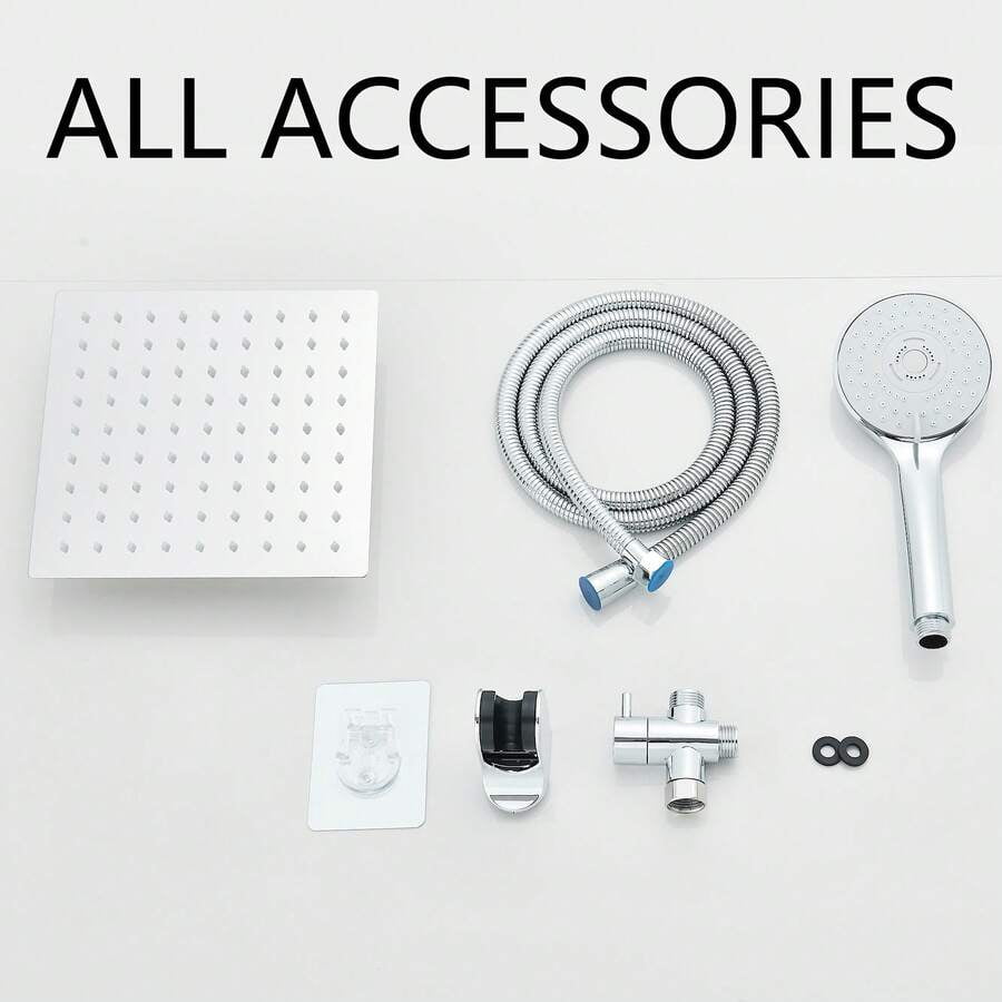 Shower Head Combo,8/10/12" Rain Square Shower Head  With 9 Inch Adjustable Extension Arm And 3 Settings Handheld Spray,150cm Long Hose