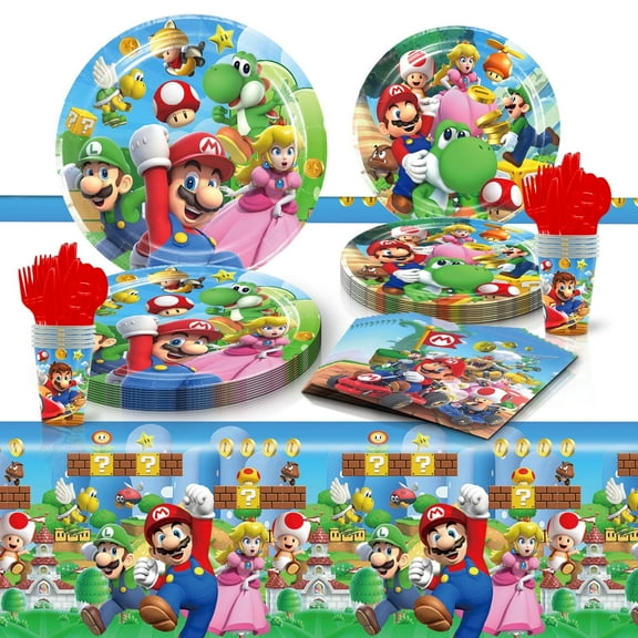 81 Pcs Mario Bros Party Tableware Set, Birthday Party Supplies, Table Cover,Paper Plates, Napkins, Cups, Knives, Spoons and Forks