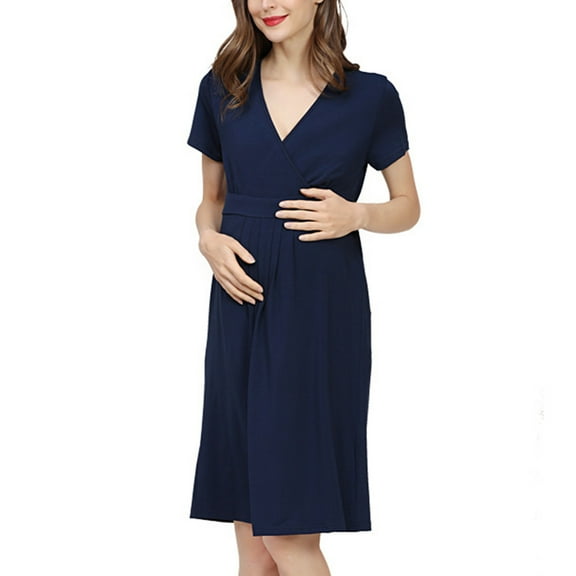 Edvintorg Maternity Clothes Women Summer Nursing Dresses Breastfeeding Plus Size Fashion Solid Color Short Sleeve V-Neck Loose Maternity Pyjamas Hospital Pregnant Pajamas Knee Length