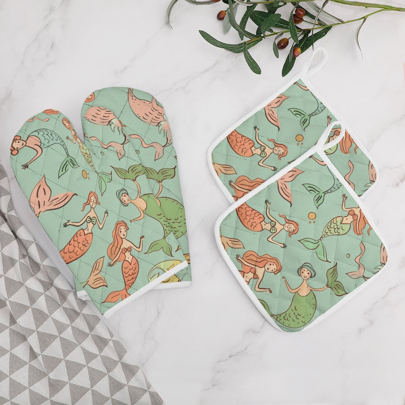 Ocean Cute Mermaid Insulated Gloves And Pot Mats (four Piece Set)